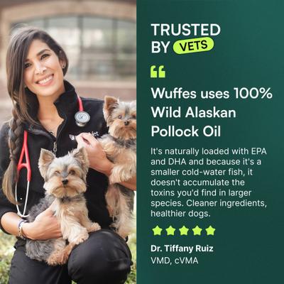 Show full view: Wuffes Advanced Omega 3 Fish Oil with Natural EPA & DHA for Skin & Coat, Joint, Digestion & Immune Support Liquid Supplement for Dogs, 16-fl oz bottle slide 5 of 10