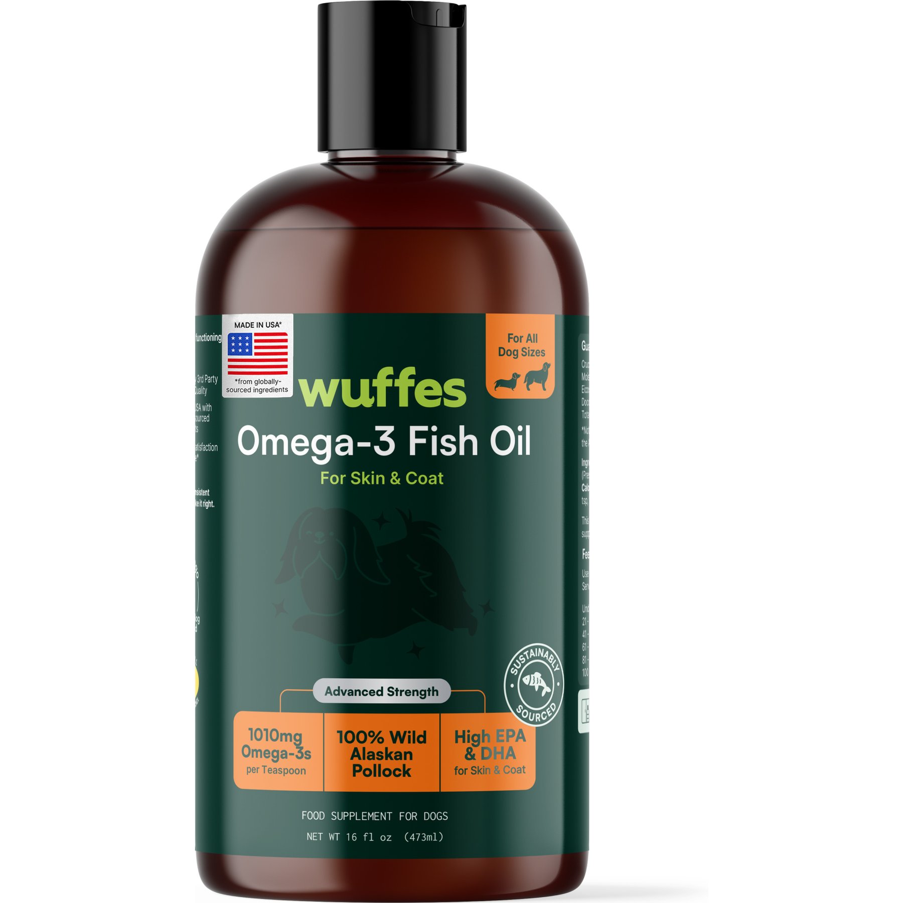 Wuffes Advanced Omega 3 Fish Oil with Natural EPA & DHA for Skin & Coat, Joint, Digestion & Immune Support Liquid Supplement for Dogs, 16-fl oz bottle
