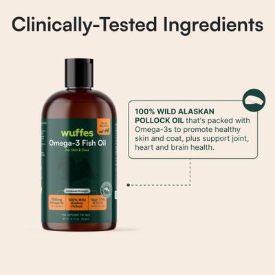 Show full view: Wuffes Advanced Omega 3 Fish Oil with Natural EPA & DHA for Skin & Coat, Joint, Digestion & Immune Support Liquid Supplement for Dogs, 16-fl oz bottle slide 6 of 10