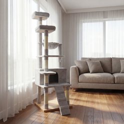 Bencmate Indoor Tall Multi-Level 71-in Plush Hanging Toy Cat Tree with 2 Top Platform & Scratching Posts, Grey