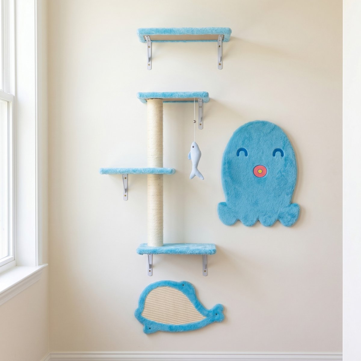 Bencmate Ocean-Themed Wall-Mounted Wooden Hanging Toy Cat Shelves with Sisal Scratching Post & Cute Wall Mats, Blue, 6 x 14 x 14-in