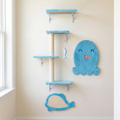 Bencmate Bencmate Ocean-Themed Wall-Mounted Wooden Hanging Toy Cat Shelves with Sisal Scratching Post & Cute Wall Mats, Blue, 6 x 14 x 14-in