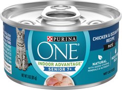 Purina ONE Indoor Advantage 7+ Chicken & Ocean Fish Recipe Pate Wet Cat Food, 3-oz can, case of 12