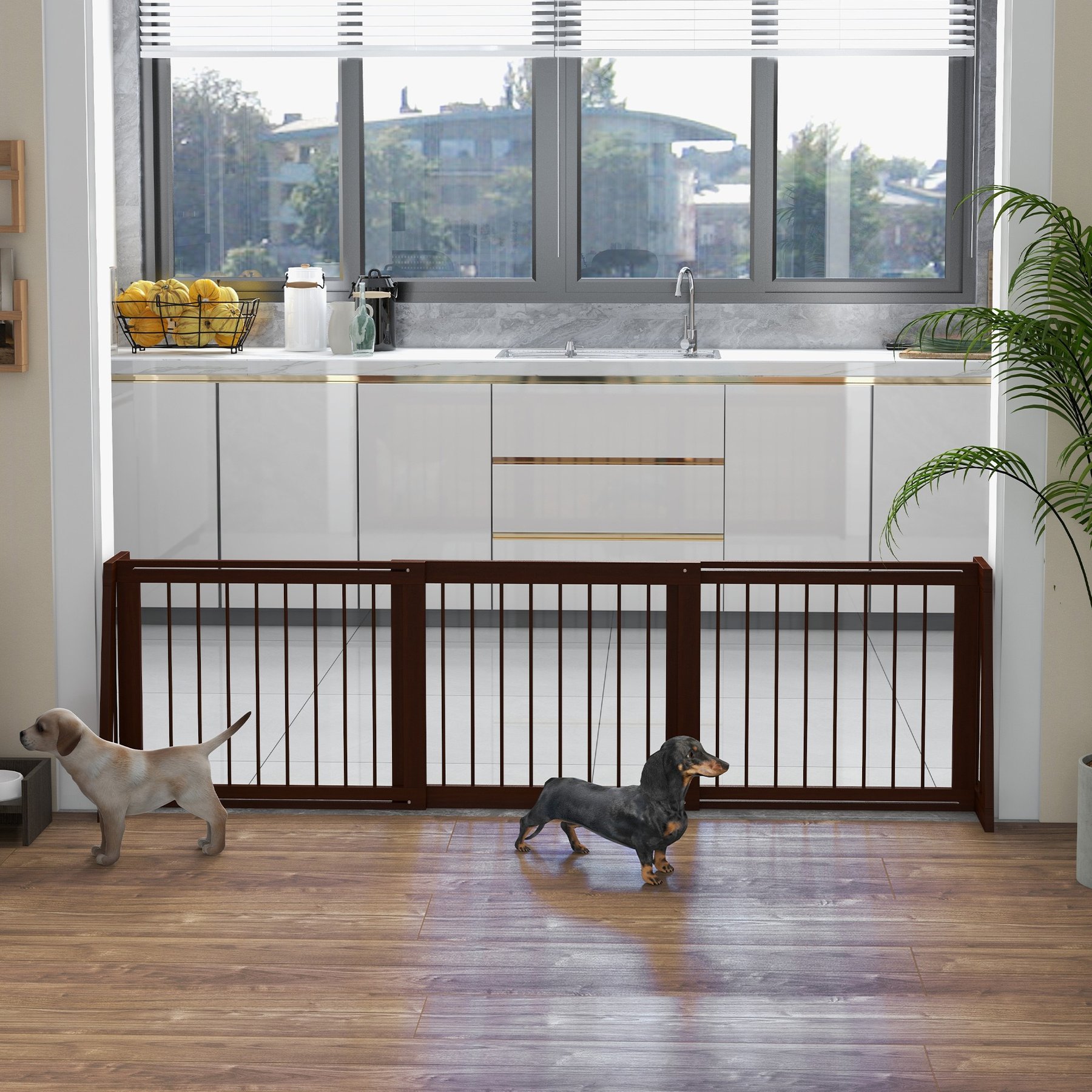 Bencmate 3 Panel Retractable Wooden Free-standing Dog Gate, Brown, 28 - 75-in