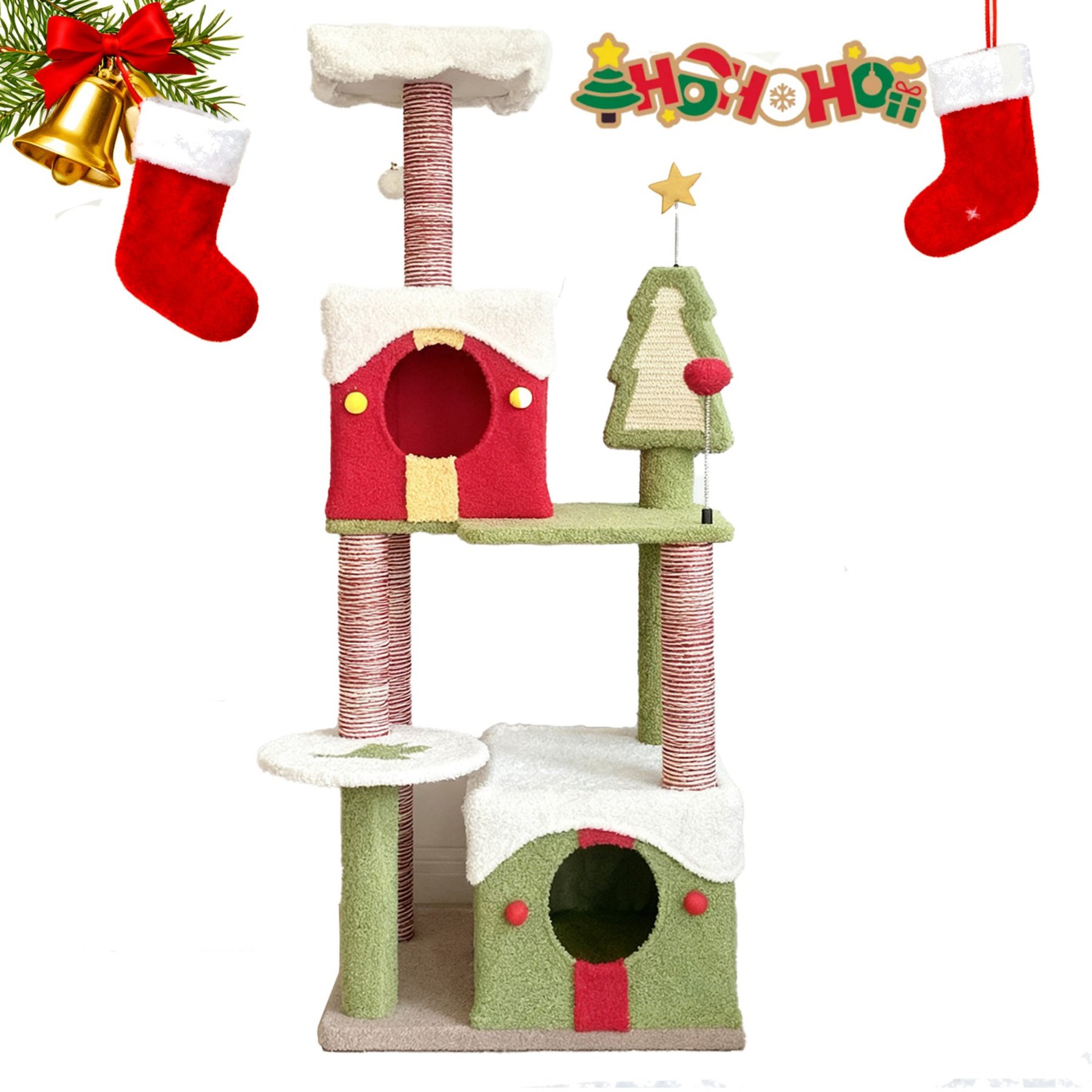 Bencmate Christmas Tree Shaped Indoor Multi-Level 54-in Plush Hanging Toy Cat Tree, Multiolor