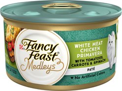 Fancy Feast Medleys White Meat Chicken Primavera with Garden Veggies Pate Wet Cat Food, 3-oz can, case of 24