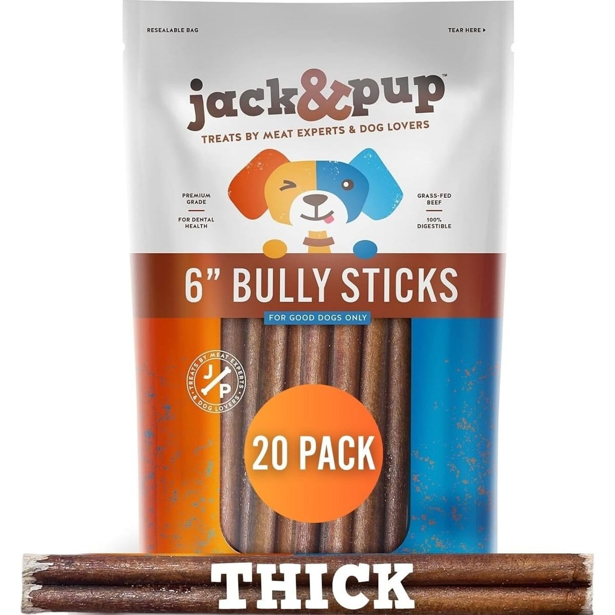 Jack & Pup Odor Free 6-inch Thick Beef Bully Stick Dog Chews, 20 count