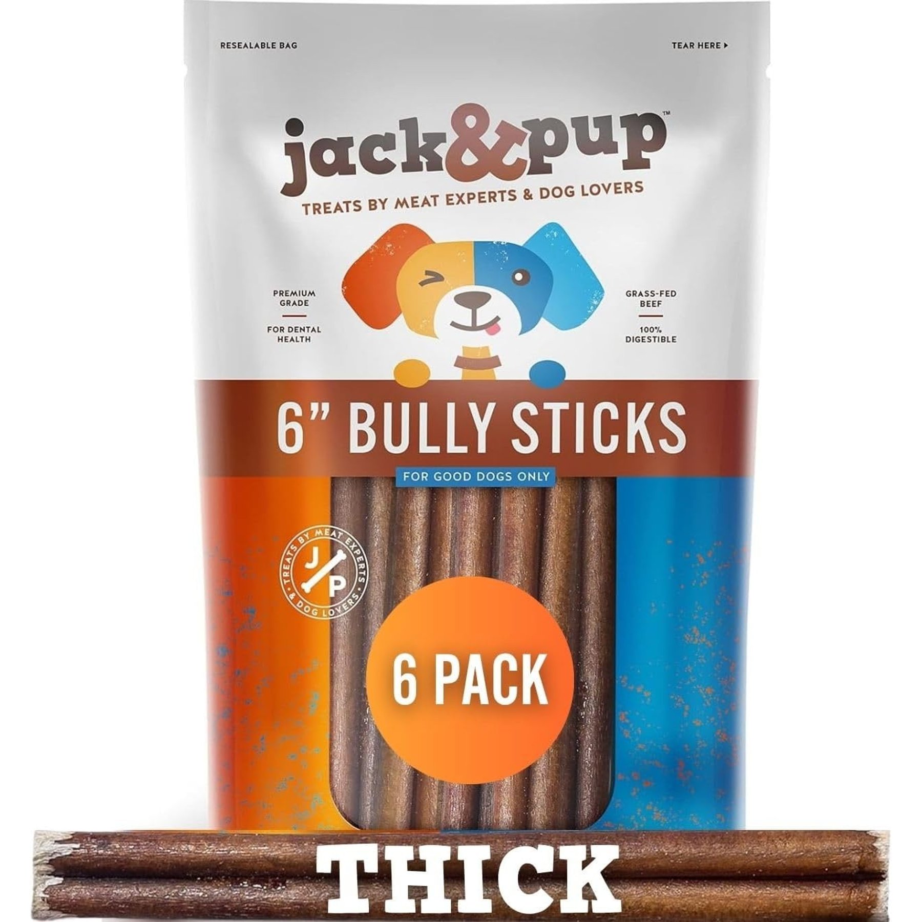 Jack & Pup Odor Free 6-inch Thick Beef Bully Stick Dog Chews, 6 count