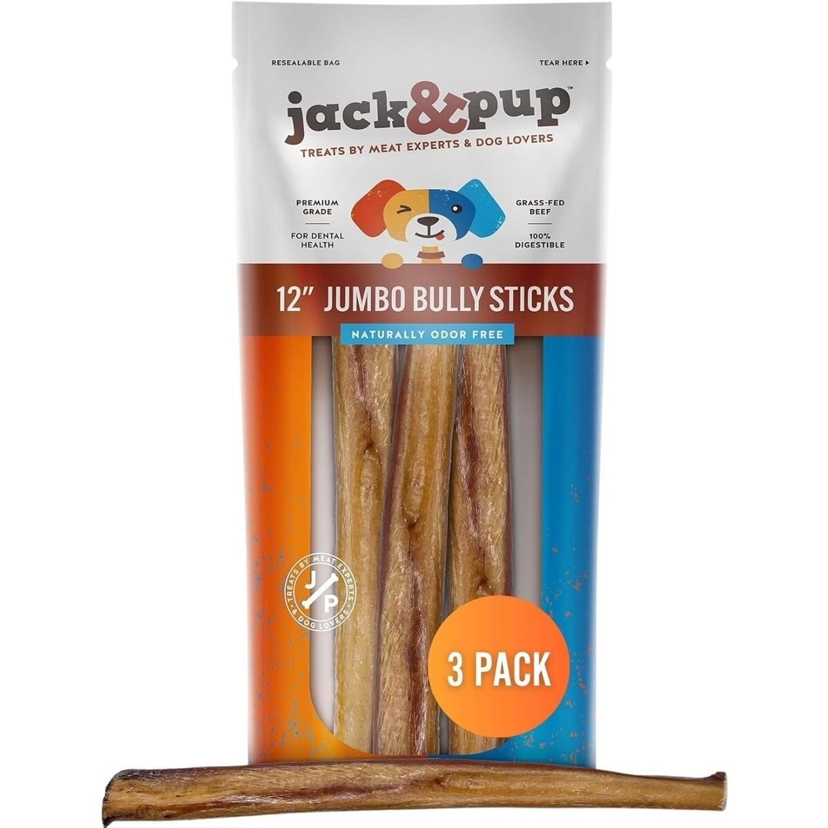 Jack & Pup Odor Free 12-inch Jumbo Beef Bully Sticks Dog Treats Chews, 3 count