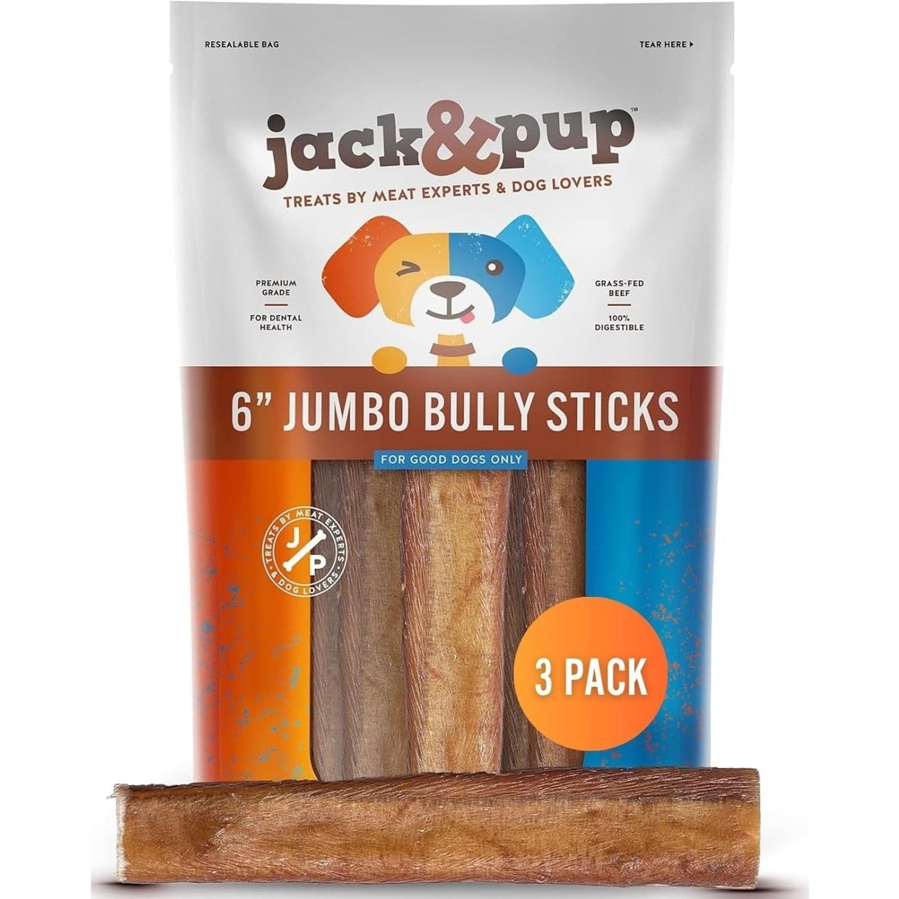 Jack & Pup Odor-Free Jumbo Beef Bully Sticks 6-in Dog Chew, 3 count