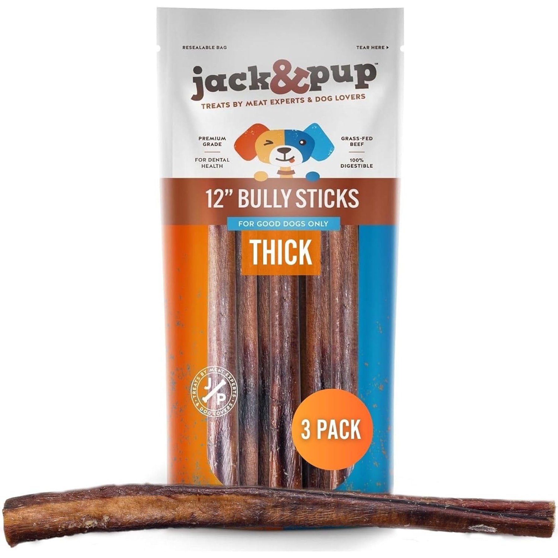 Jack & Pup Odor Free 12" Thick Beef Bully Sticks, 3 count