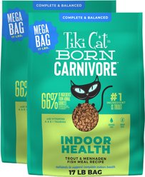 Tiki Cat Born Carnivore Indoor Health Trout & Menhaden Fish Meal Dry Cat Food, 34-lb bundle slide 1 of 9