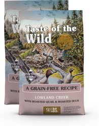 Taste of the Wild Lowland Creek All Life Stages High Protein Grain-Free Recipe with Roasted Quail & Roasted Duck Dry Cat Food, 28-lb bundle