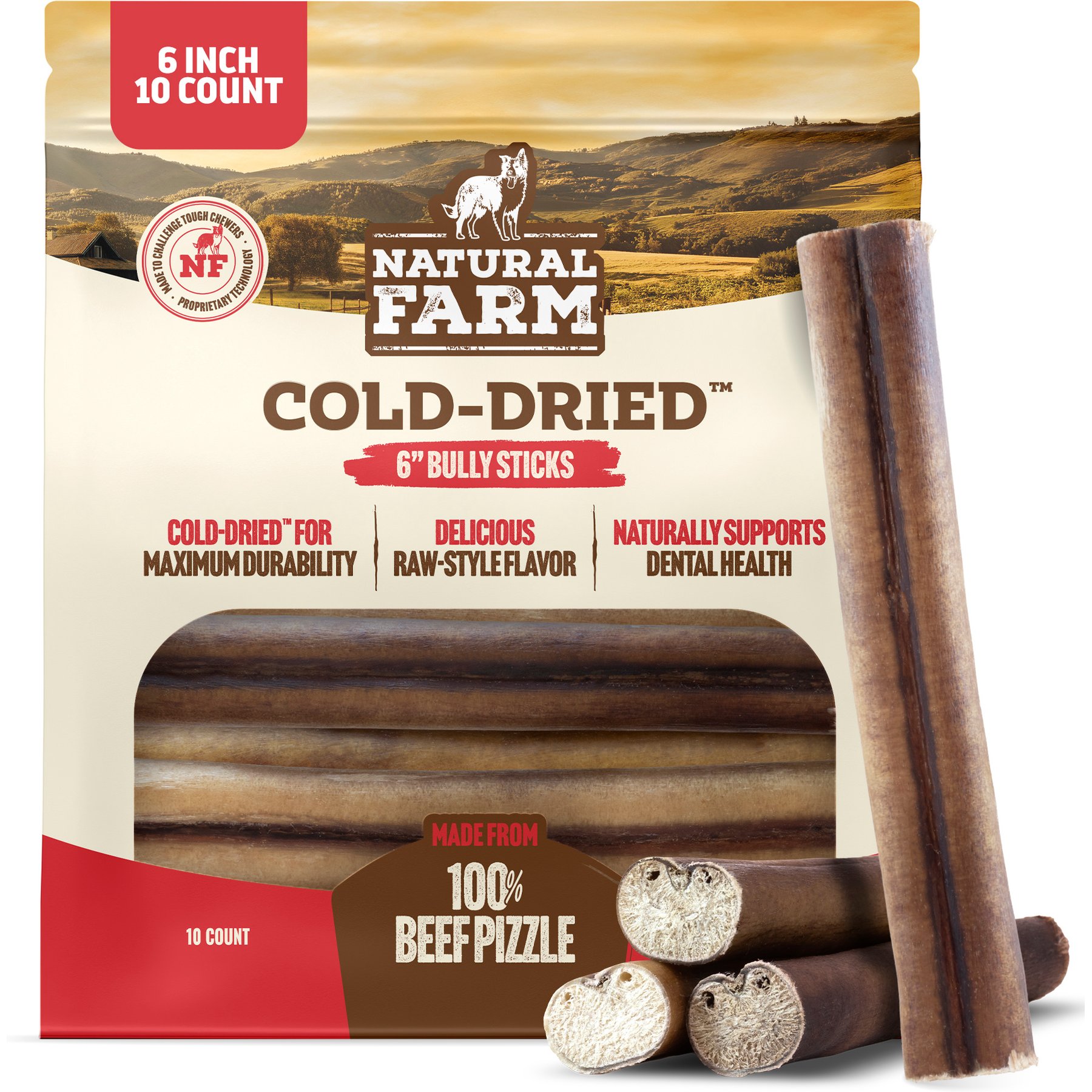 Natural Farm Single Ingredient Cold-Dried 6-in Bully Sticks Dog Chew Treats, 10 count