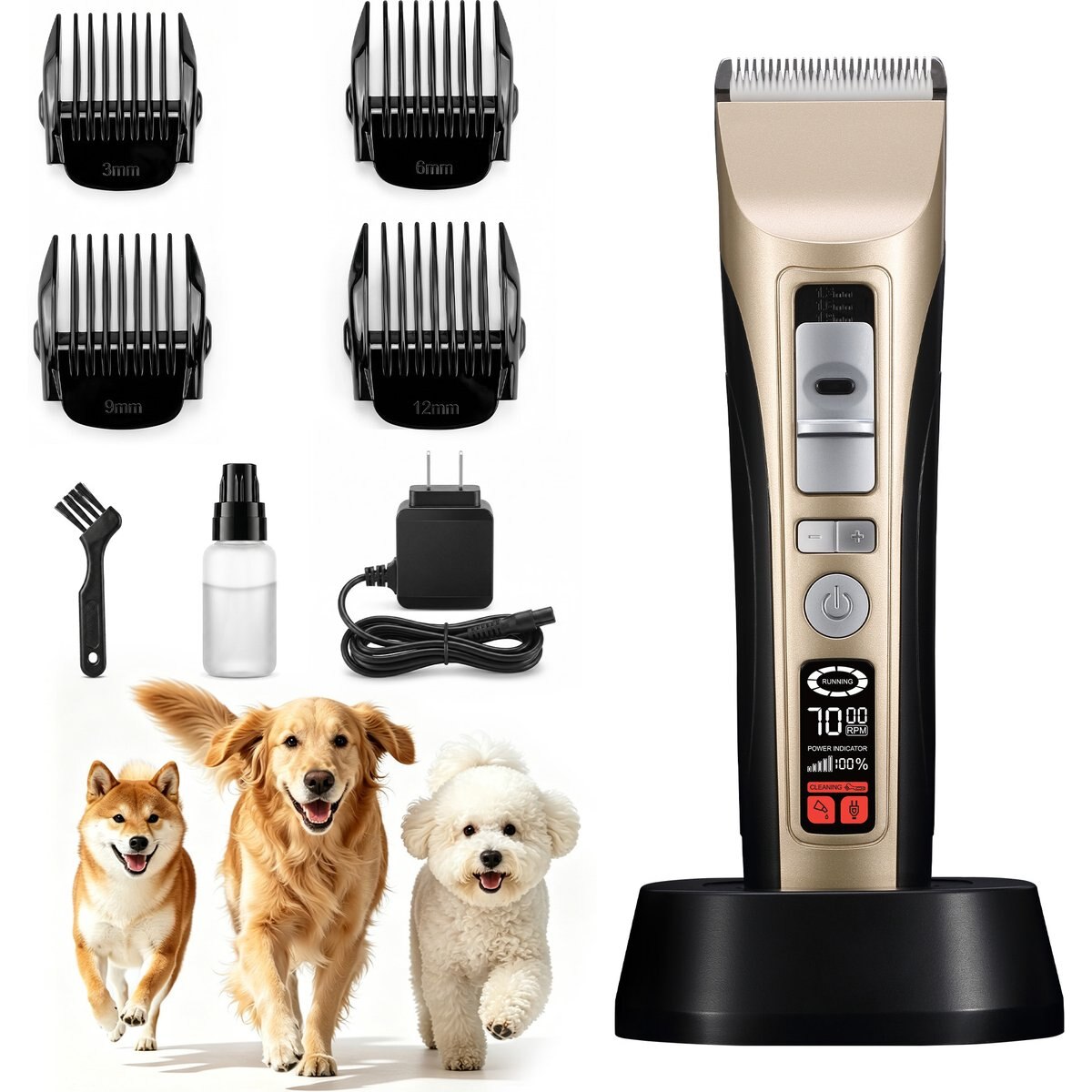 PATPET P950 Rechargeable Five-Level Speed Regulation Seat Pet Hair Grooming Clippers, Gold
