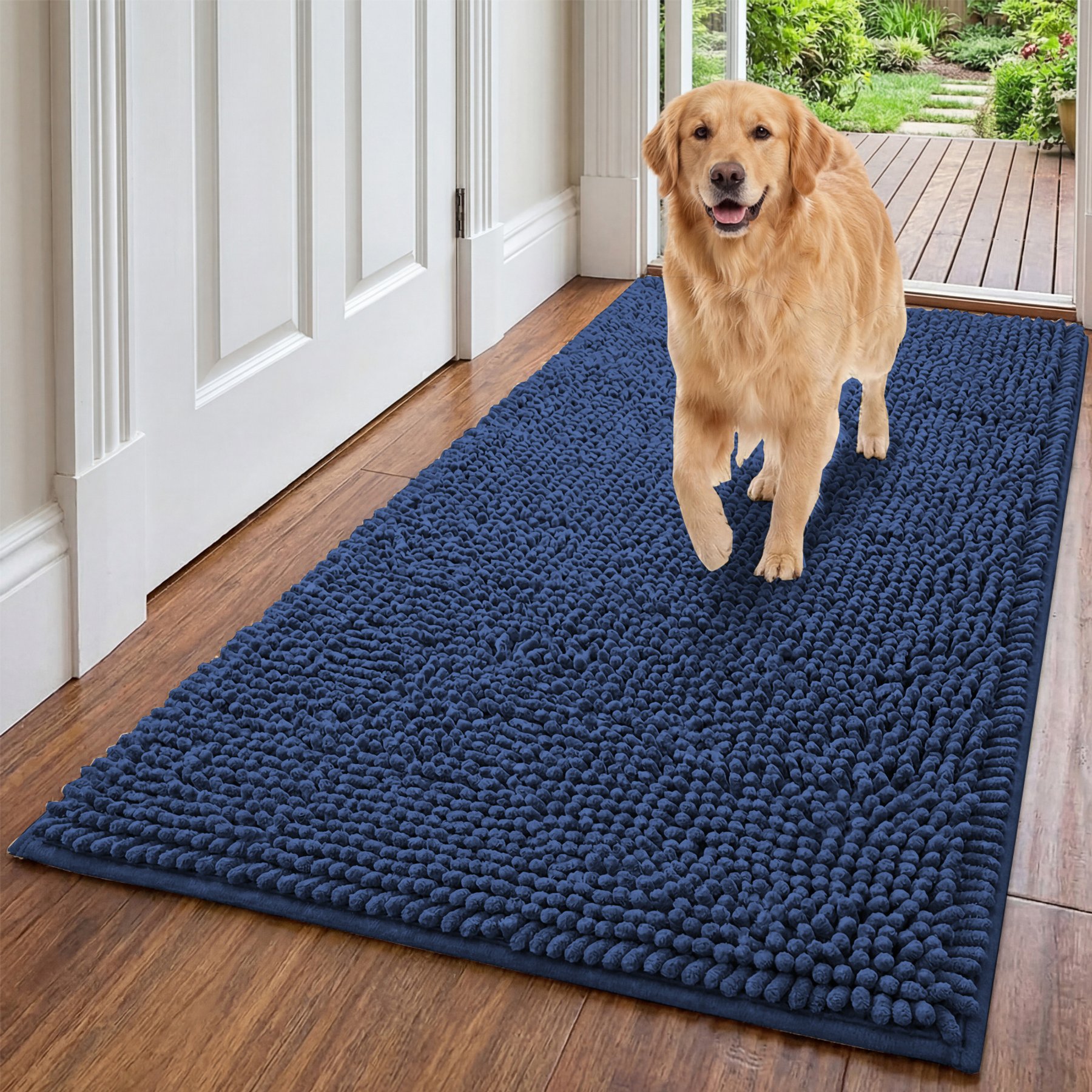H.VERSAILTEX Plush Chenille Washable Doormat, Navy, 48 x 30-in