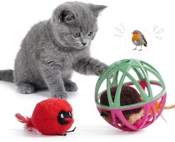 Pawsible Indoor Hunting Simulation Real Bird Sound Interactive Prey Cage Electronic Plush Cat Toy with Catnip, Red