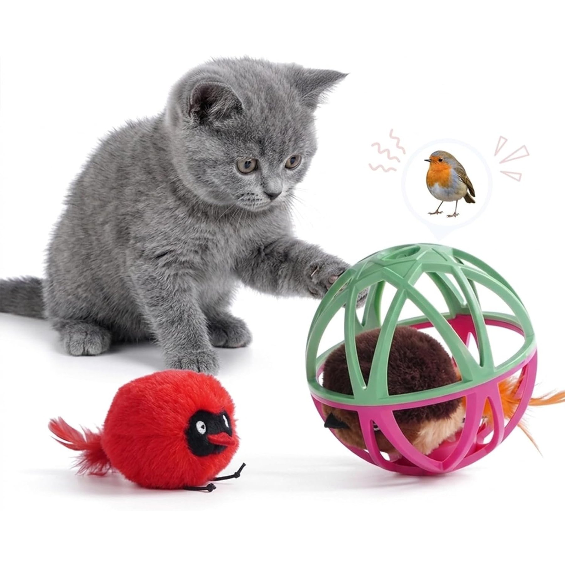 Pawsible Indoor Hunting Simulation Real Bird Sound Interactive Prey Cage Electronic Plush Cat Toy with Catnip, Red