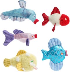 Pawsible Tropical Fish Shiny Fabrics Cotton-Free Soft Kicker Plush Cat Toy with Catnip, Multicolor, 5 count, Small