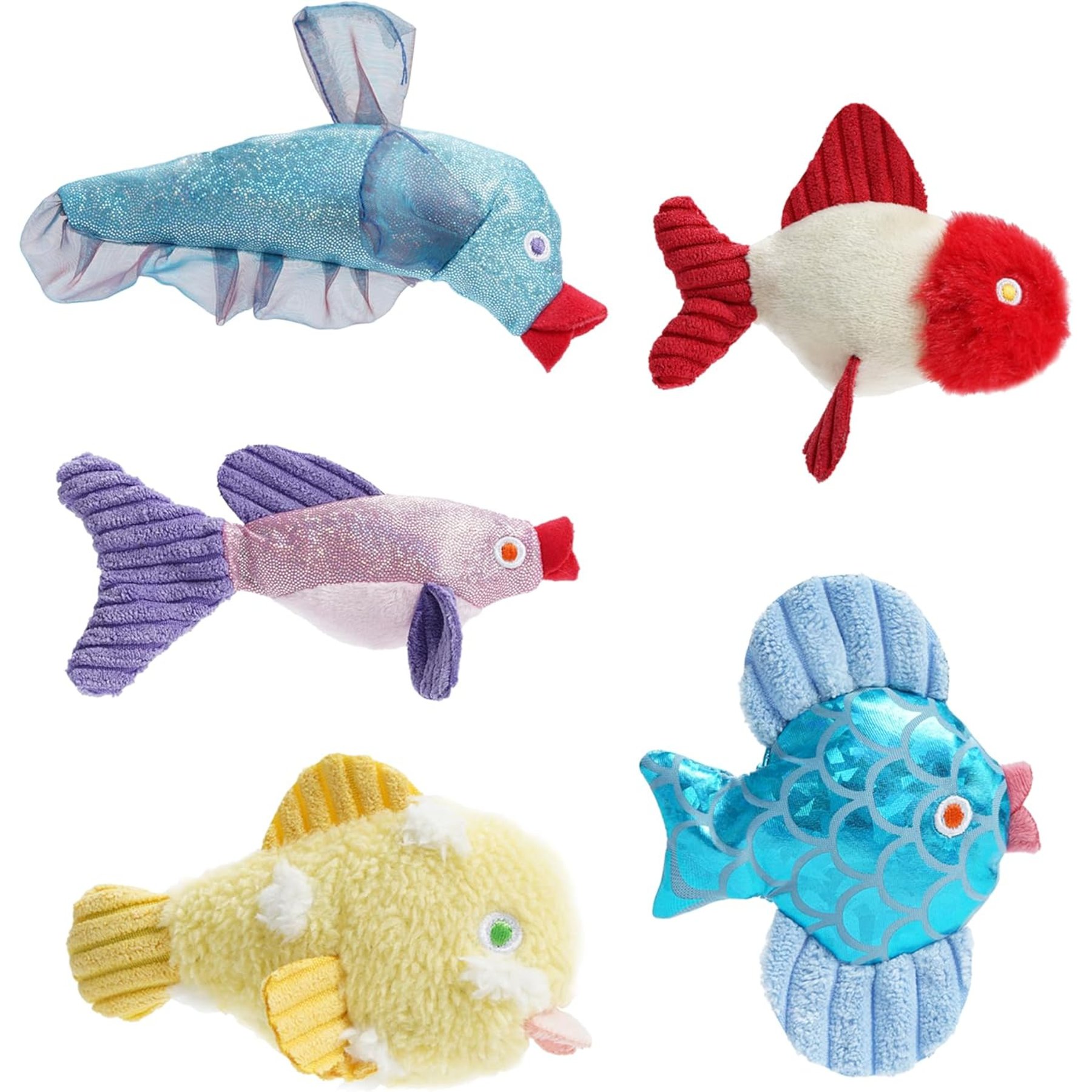 Pawsible Tropical Fish Shiny Fabrics Cotton-Free Soft Kicker Plush Cat Toy with Catnip, Multicolor, 5 count, Small