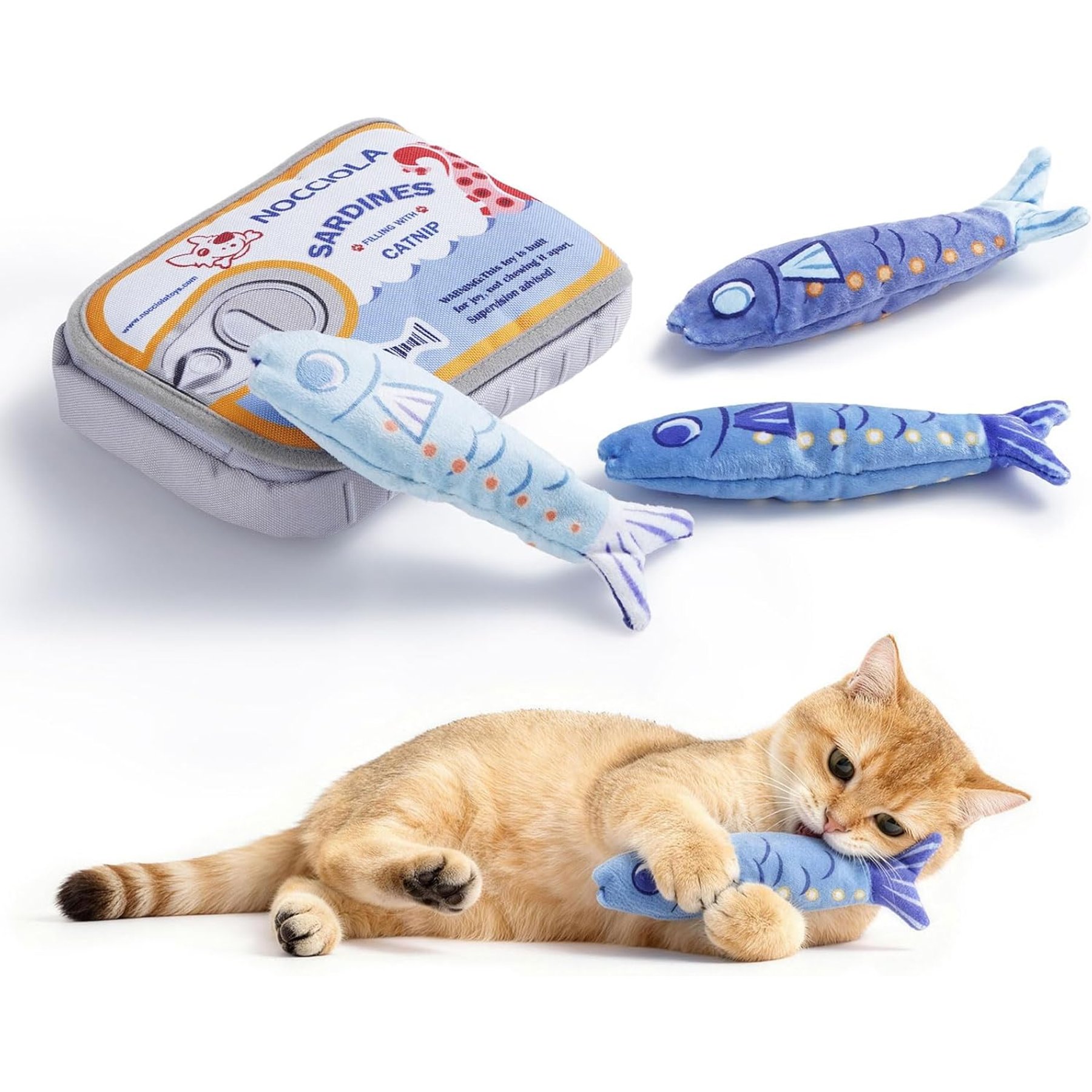 Nocciola Crinkle Paper Fish & Sardine Can Storage Pouch Interactive Plush Cat Toy with Catnip, Multicolor, 3 count, Small