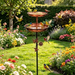 Wisfor 2 Tier Metal Outdoor Bird Bath Antique Copper Freestanding Wild Bird Feeder with Butterfly Decor & Vintage Garden Stake, Bronze, 30 x 118-cm