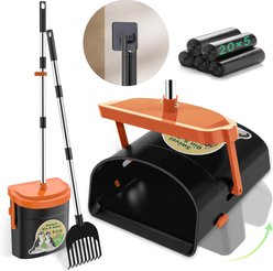 UPSKY Stainless Steel Odor-Proof Lid Long Handle Heavy Duty Dog Pooper Scooper with Swivel Bin, Rake Kit & 100 Waste Bags, Orange, 33.4-in