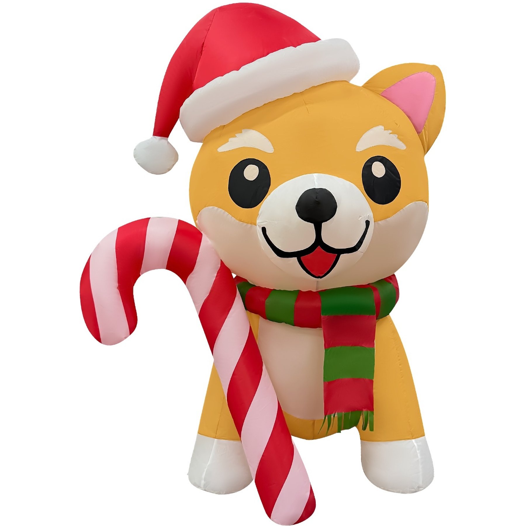 Goosh Shiba Inu Dog Inflatable Holding Candy Cane with Santa Hat Inflatable Yard Decor, 5.2-ft