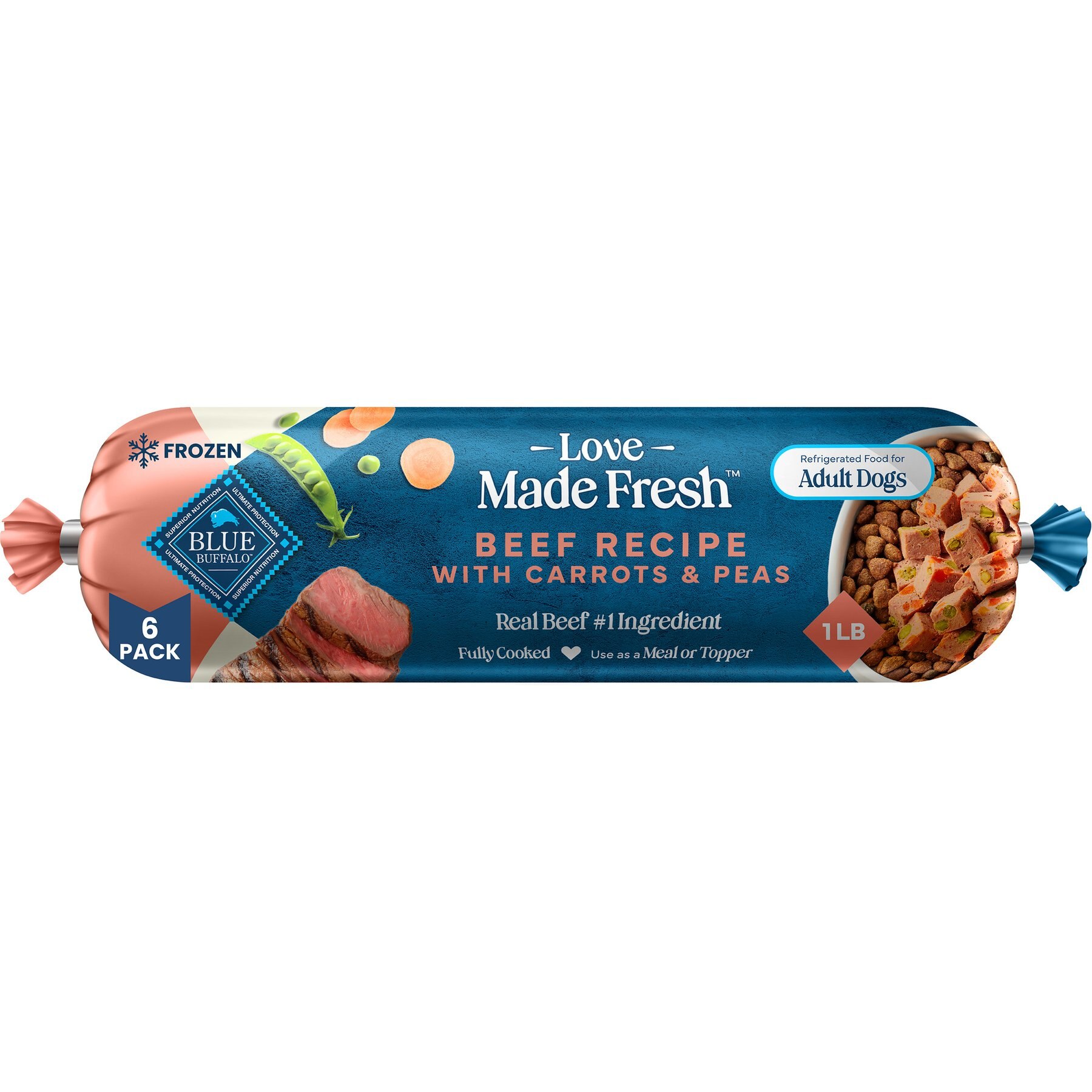 Blue Buffalo Love Made Fresh Beef with Carrots & Peas Fresh Frozen Dog Food, 1-lb roll, case of 6
