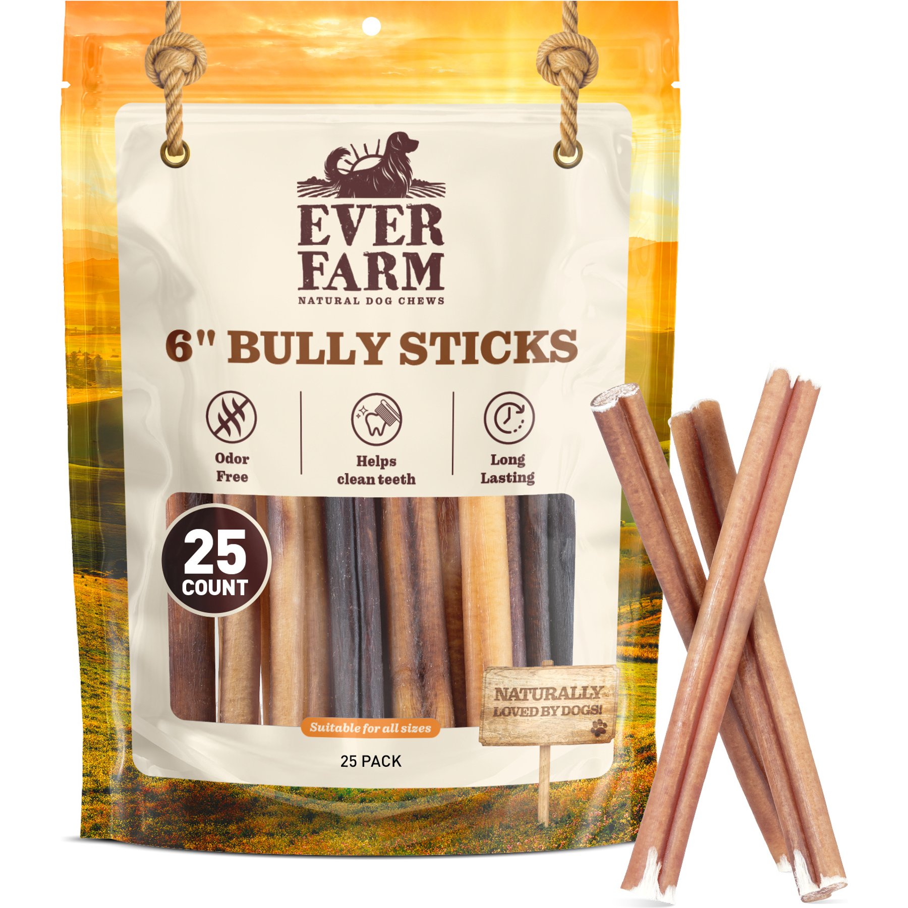 Ever Farm 6-inch Grass Fed Beef Pizzle Bully Stick Dog Chew, 25 count