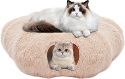 Bencmate Soft Plush Peekaboo Cat Cave Donut Tunnel Cat Bed, Medium, Beige