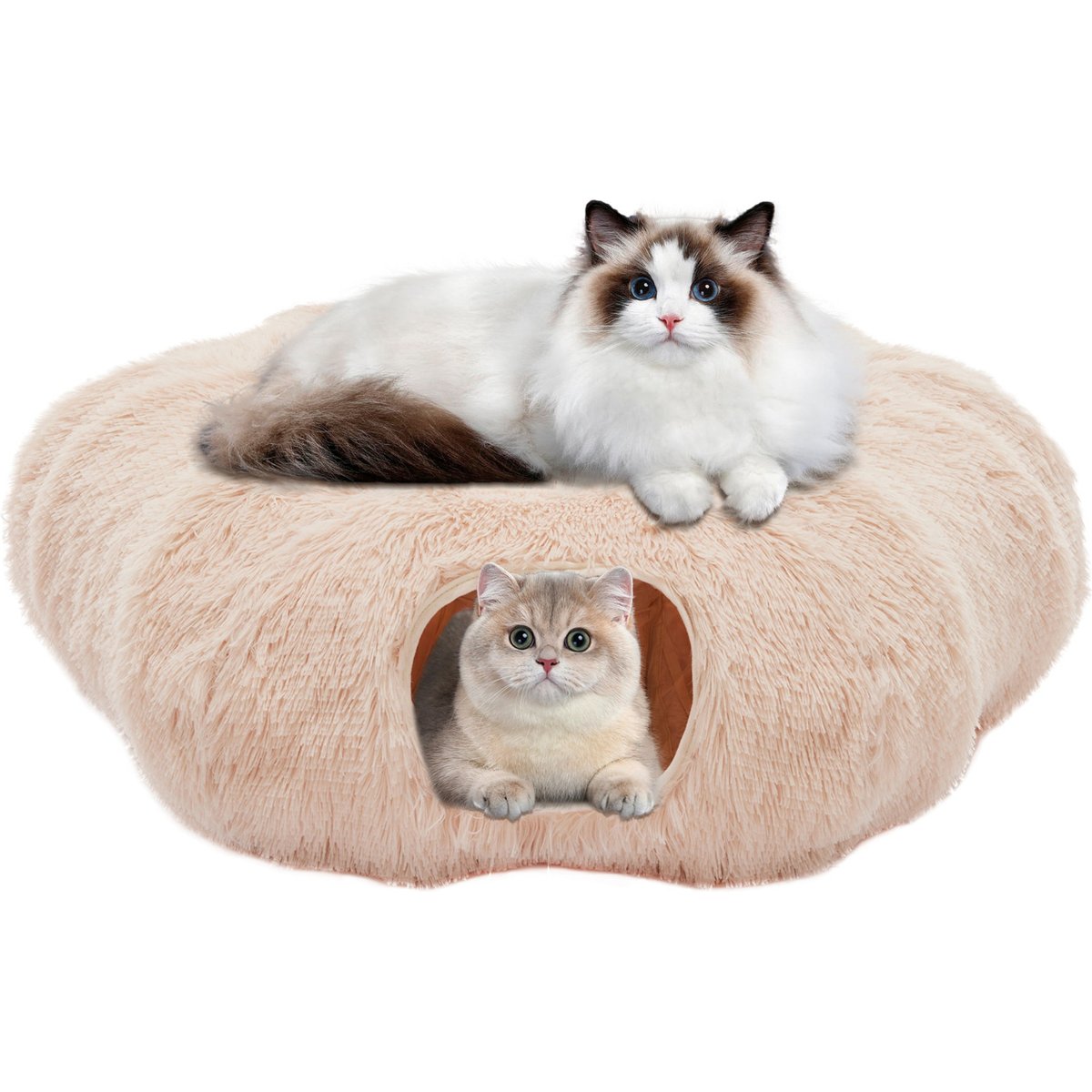 Bencmate Soft Plush Peekaboo Cat Cave Donut Tunnel Cat Bed, Medium, Beige