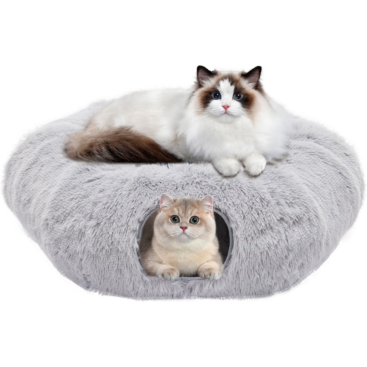 Bencmate Soft Plush Peekaboo Cat Cave Donut Tunnel Cat Bed, Medium, Grey
