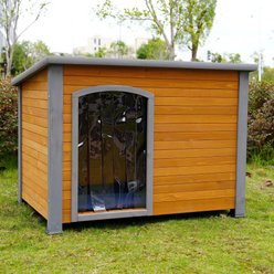 Bencmate Cozy Waterproof Outdoor Shelter Lockable Ventilated Door Solid Wood Dog House, Black, 44.5 x 31.9 x 32.5-in