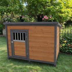 Bencmate Cozy Waterproof Outdoor Shelter Lockable Ventilated Door Solid Wood Dog House, Grey, 44.9 x 32 x 33.5-in