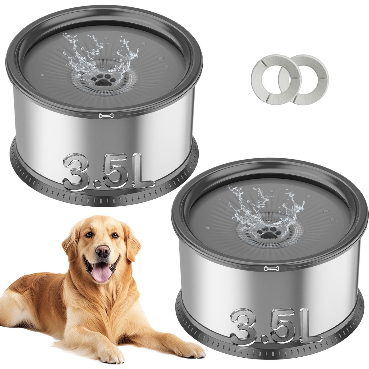 Twinsing Slow Drinking Double Stainless Steel Dog Water Bowl with Anti Slip Mat, Grey, 2 Count, Small: 3.5-L / 118-oz