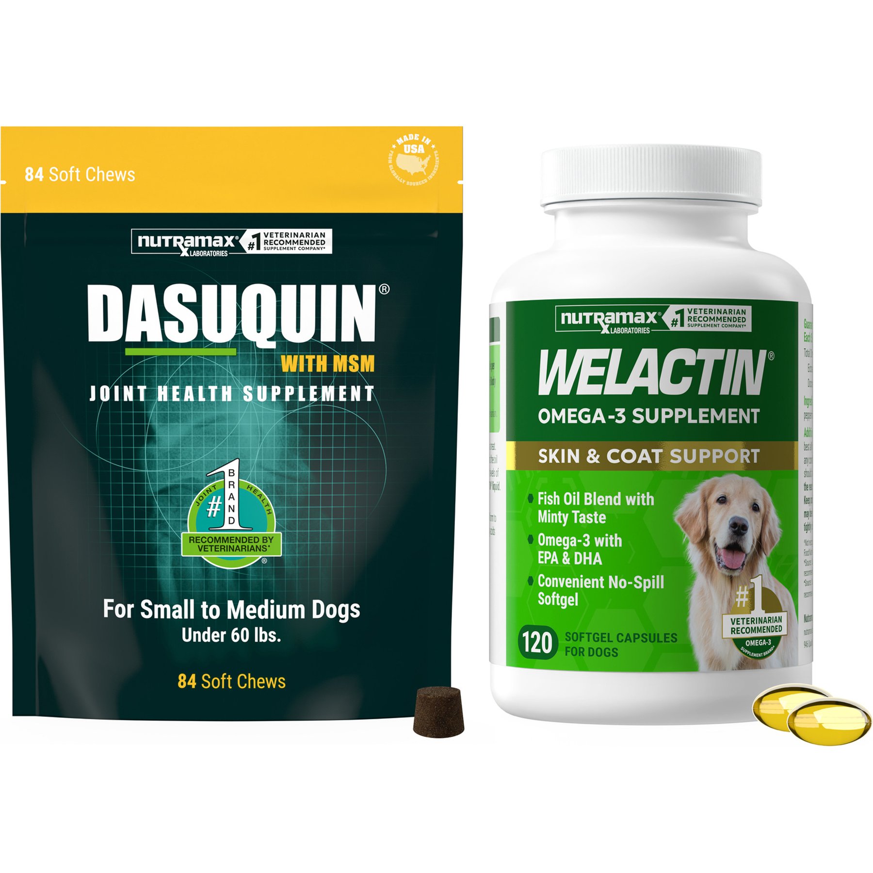 Nutramax Welactin Canine Omega-3 Softgel Capsules + Dasuquin with MSM Soft Chews Joint Health Small/Medium Dog Supplement