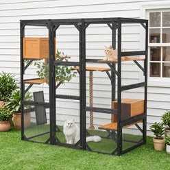 Yafylly Double Door Outdoor Wooden Catio Cat House, Black Brown