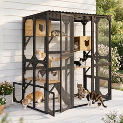Yafylly Outdoor Wooden Catio Cat House, Black Natural