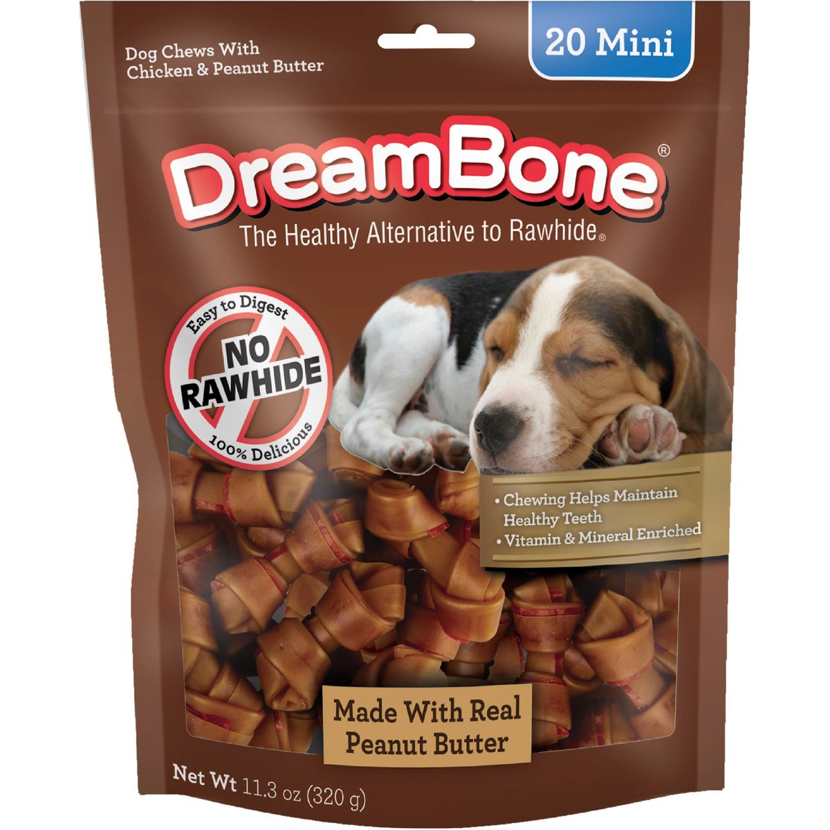 DreamBone Mini Real Peanut Butter Rawhide Free Dog Chew Bones, 20 count
