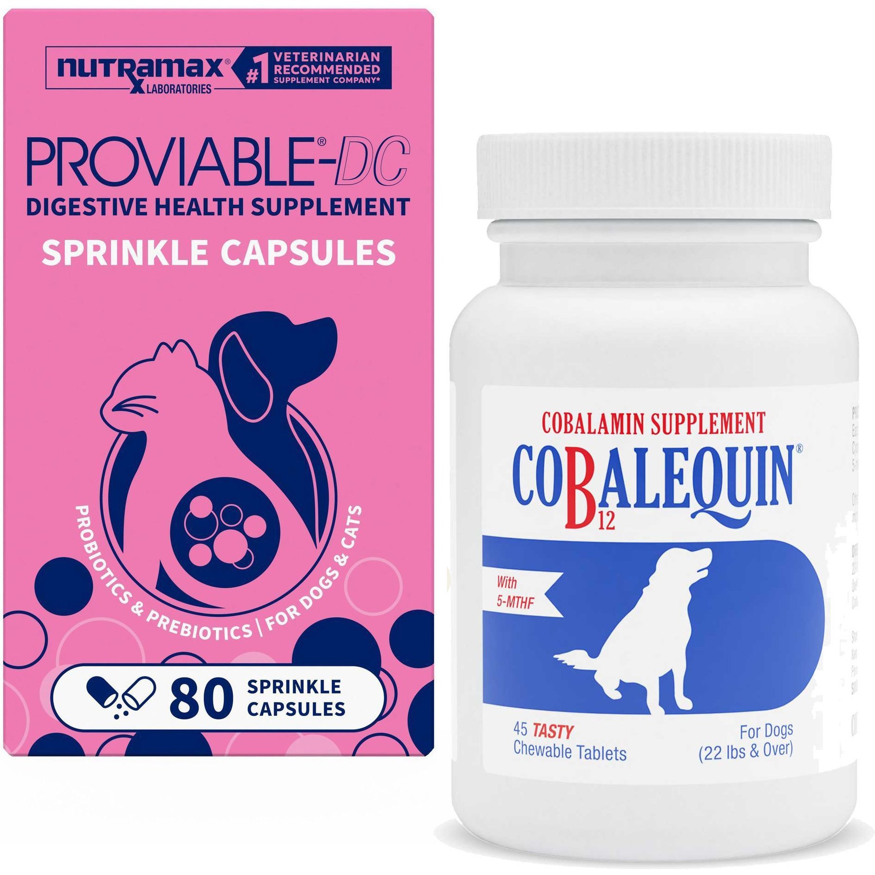 Nutramax Proviable-DC Capsules Digestive Supplement + Nutramax Cobalequin Chewable Tablets Supplement for Dogs