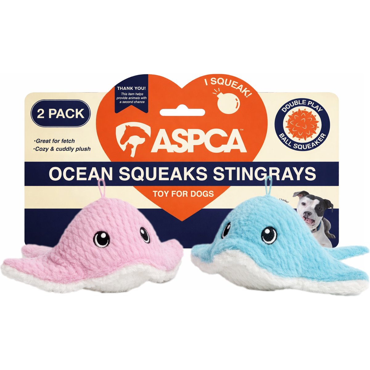 ASPCA Interactive Soft Durable Stuffed Stingray Squeaky Plush Dog Toy, 2 count