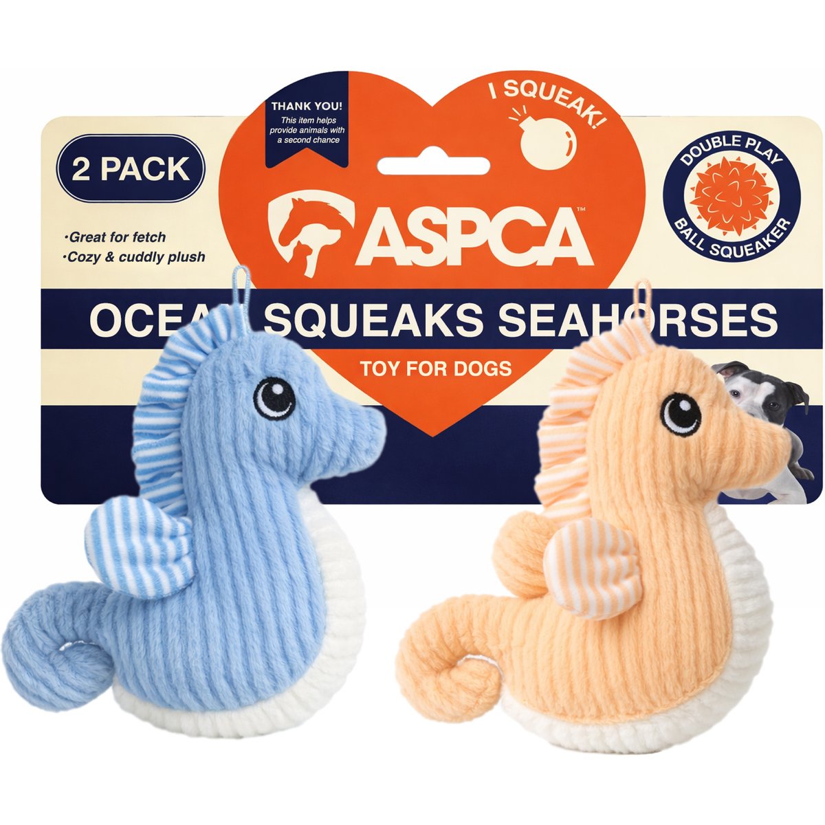 ASPCA Interactive Soft Durable Stuffed Seahorse Squeaky Plush Dog Toy, 2 count