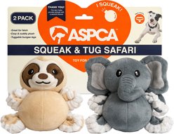 ASPCA Interactive Soft Durable Stuffed Sloth & Elephant Squeaky Plush Dog Toy, 2 count