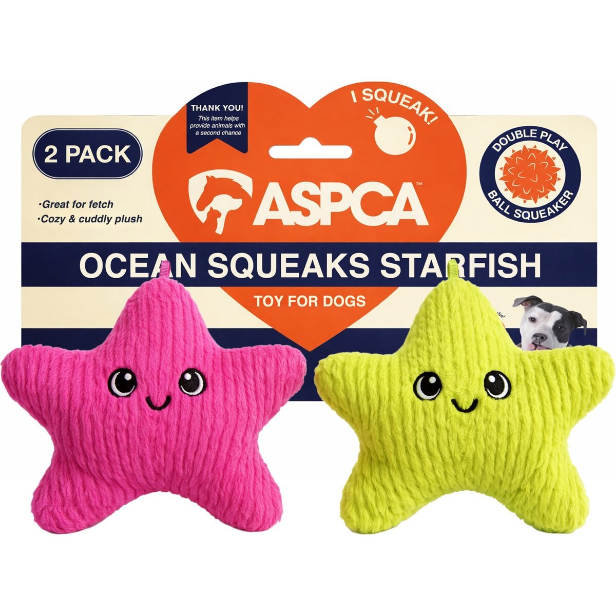 ASPCA Interactive Soft Durable Stuffed Starfish Squeaky Plush Dog Toy, 2 count