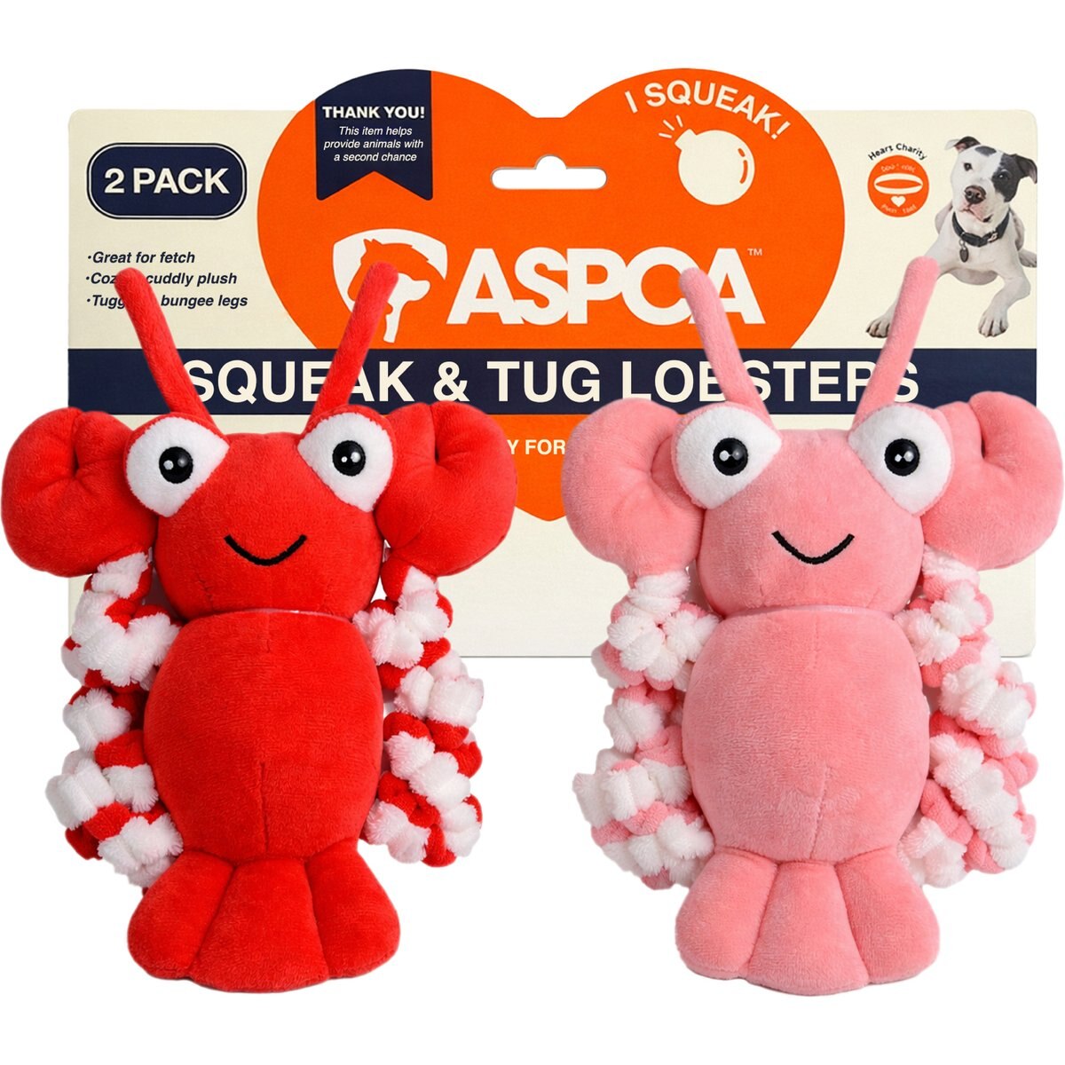 ASPCA Interactive Soft Durable Stuffed Lobster Squeaky Plush Dog Toy, 2 count