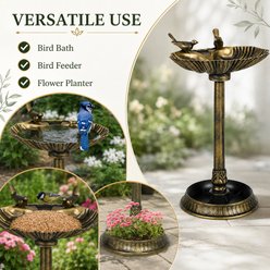 Little Pals 32-in Antique Outdoor Polypropylene Bird Bath & Feeder with Pedestal Flower Planter Base, Vintage Garden Birdbath Yard Statue, Bronze, 4.4-lb slide 2 of 9