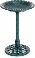 Little Pals 28-in Outdoor Resin Polypropylene Bird Bath with Pedestal, Antique Verdigris Garden Birdbath with Fleur-de-Lis Base & Ground Stakes, Green, 4.7-lb