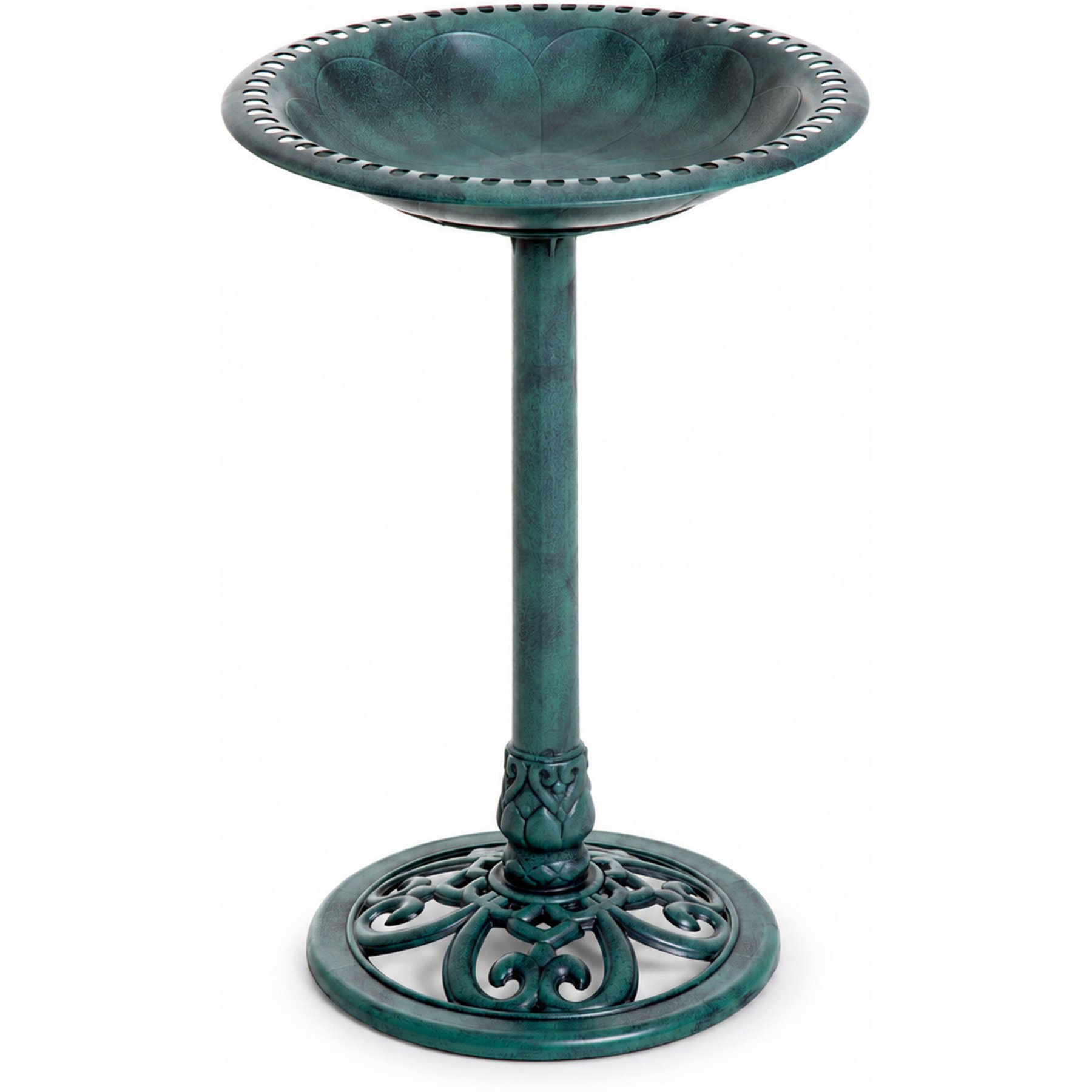 Little Pals 28-in Outdoor Resin Polypropylene Bird Bath with Pedestal, Antique Verdigris Garden Birdbath with Fleur-de-Lis Base & Ground Stakes, Green, 4.7-lb