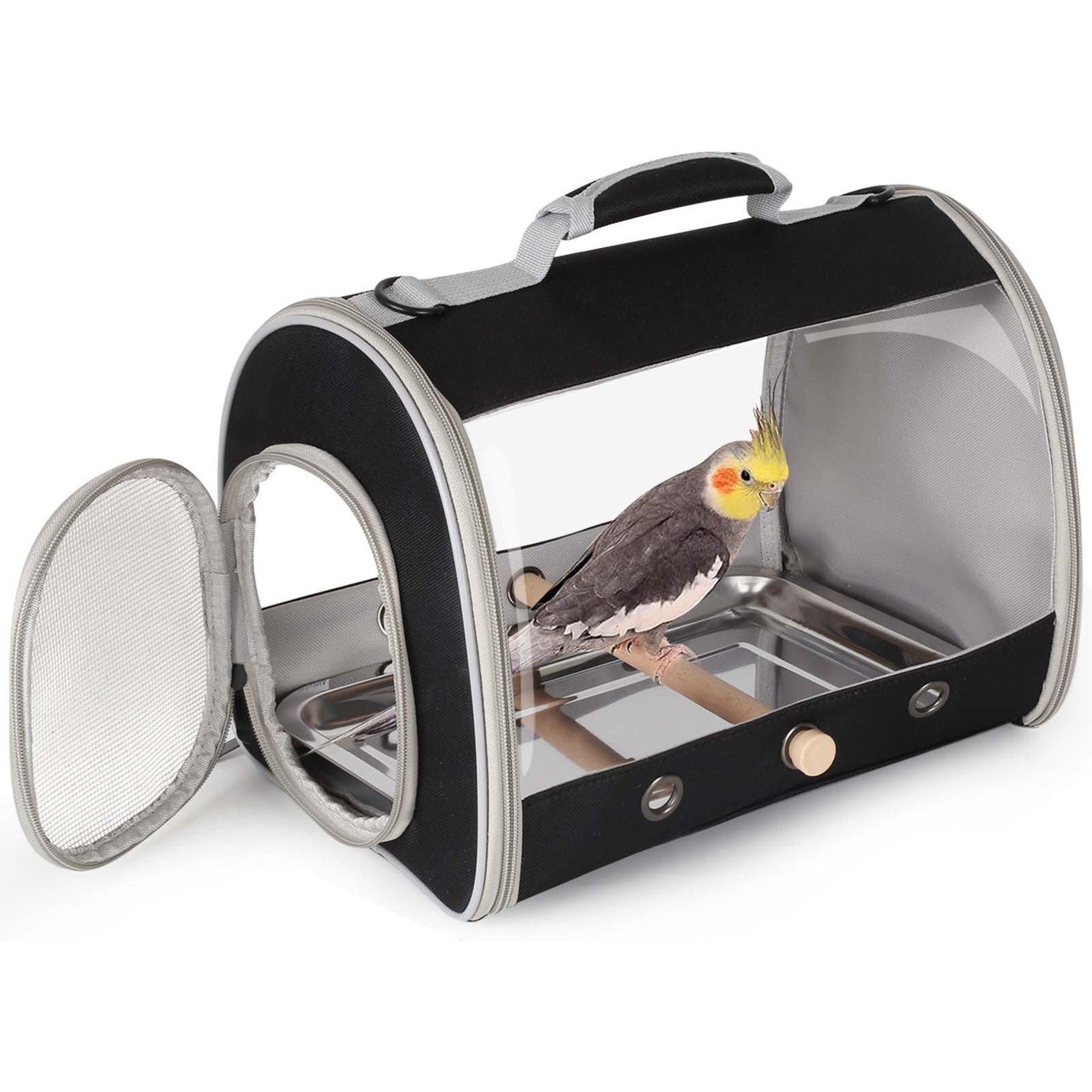 Halinfer Portable Bird Carrier Bag with Stainless Steel Tray & Wood Perch, 1.3-lb, Black